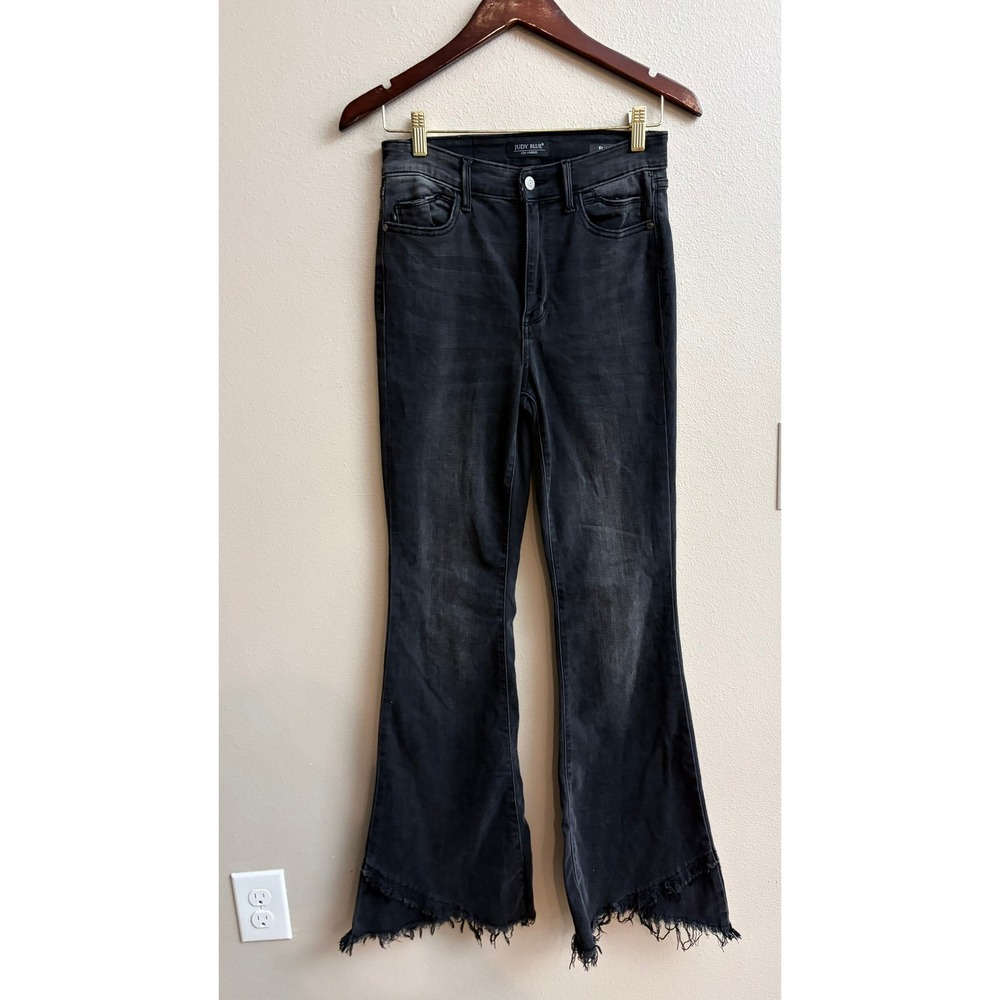 Judy Blue Flare Jeans Size 5/27 Black High Rise Raw Frayed Tulip Hem Denim